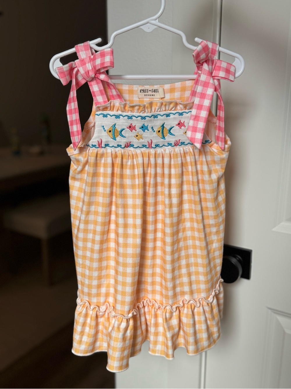 Girls Fish Embroidered Smocked Gingham Dress 2T